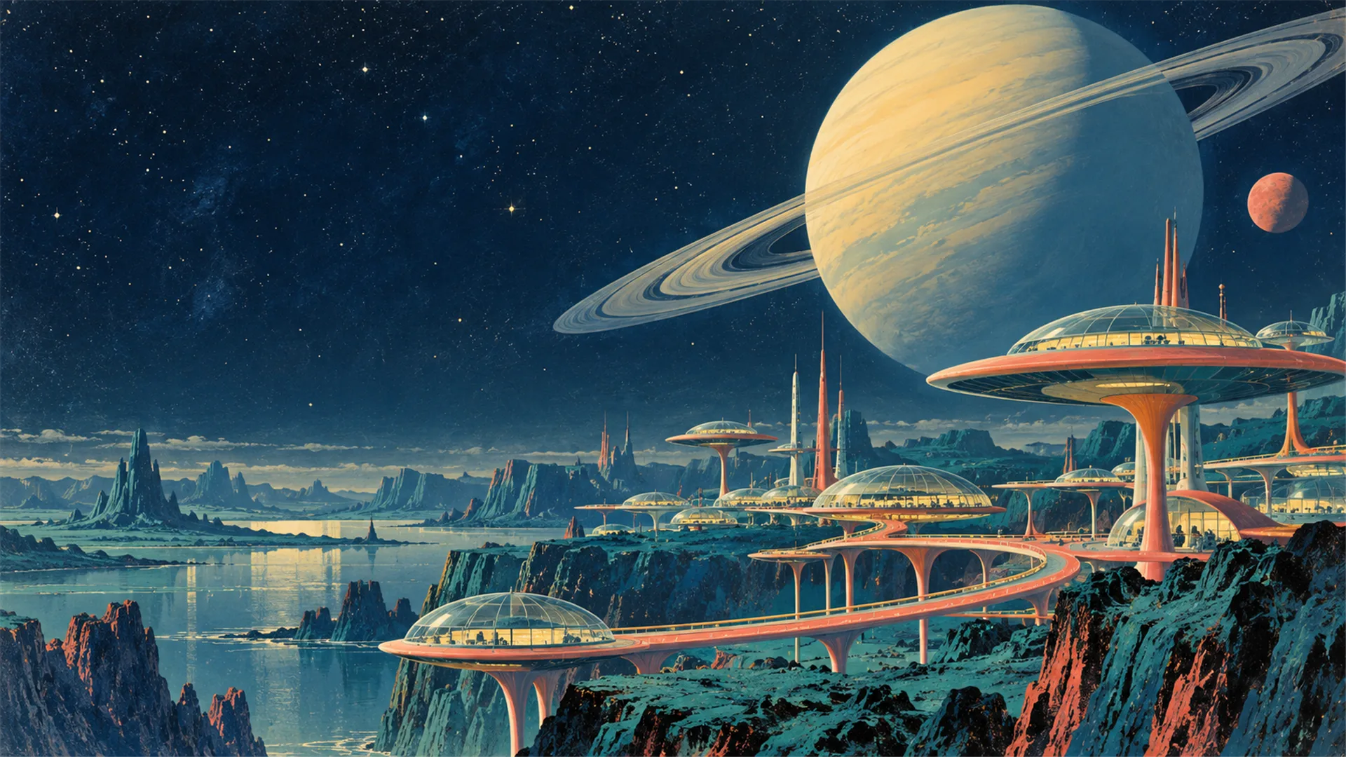 Ringed Planet Over a Futuristic City