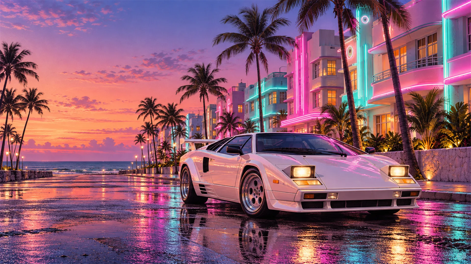 White Sports Car on Neon Miami Beach