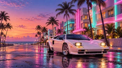 White Sports Car on Neon Miami Beach