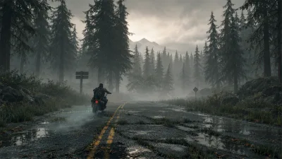 Motorcycle Rider on a Misty Forest Road