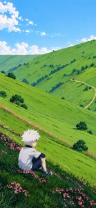 White-Haired Boy on a Flowered Hillside