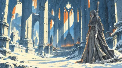Hooded Scythebearer in a Snowbound Cathedral