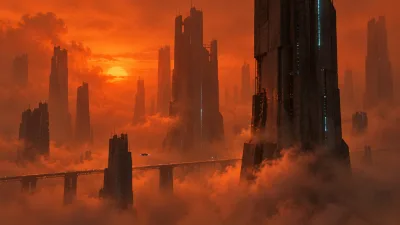 Sunset Over a Fogbound Futuristic City