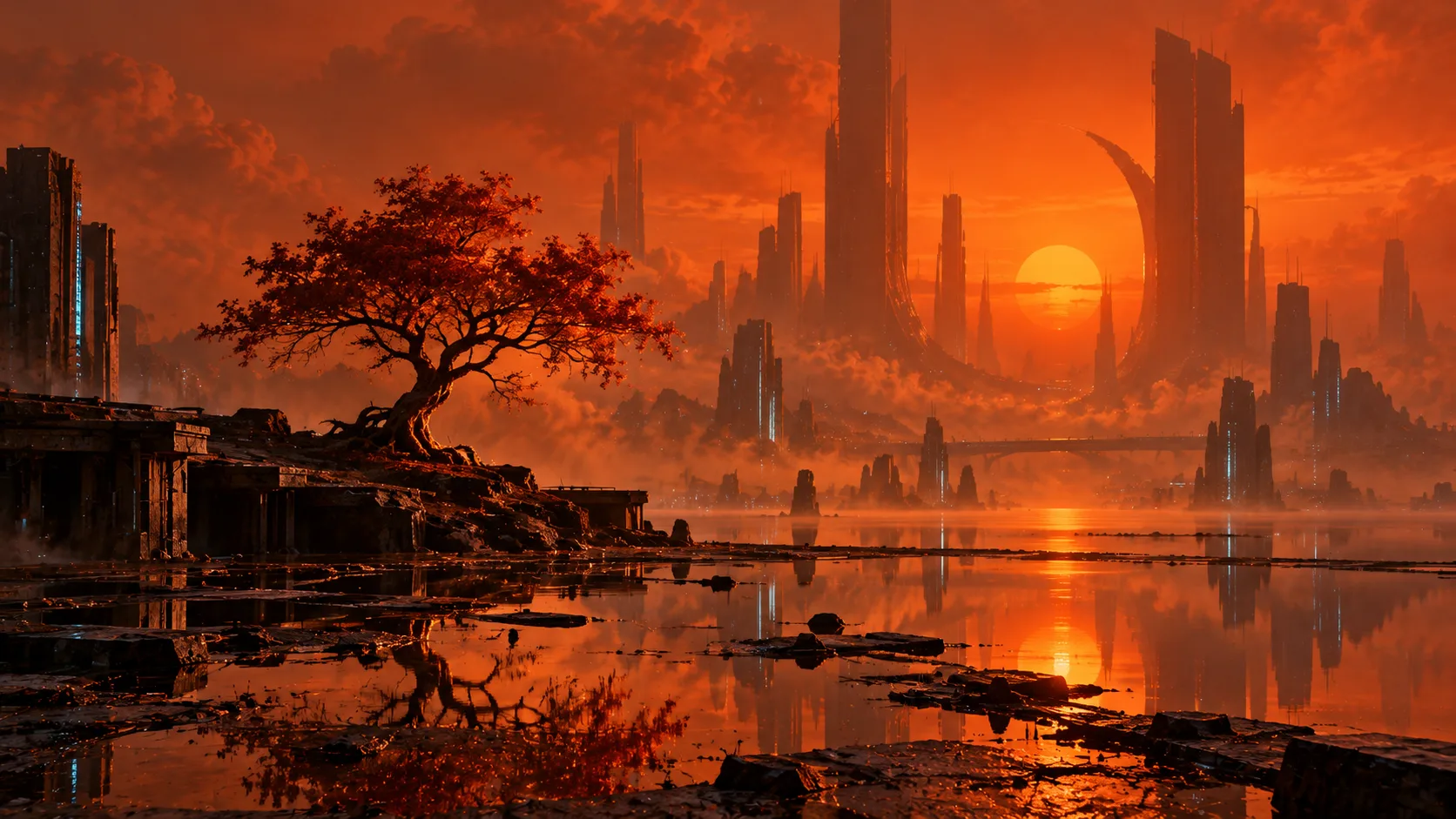 Sunset Over a Futuristic City