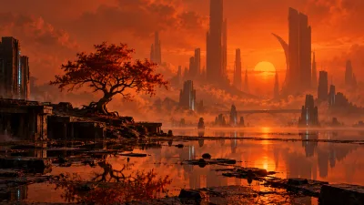 Sunset Over a Futuristic City