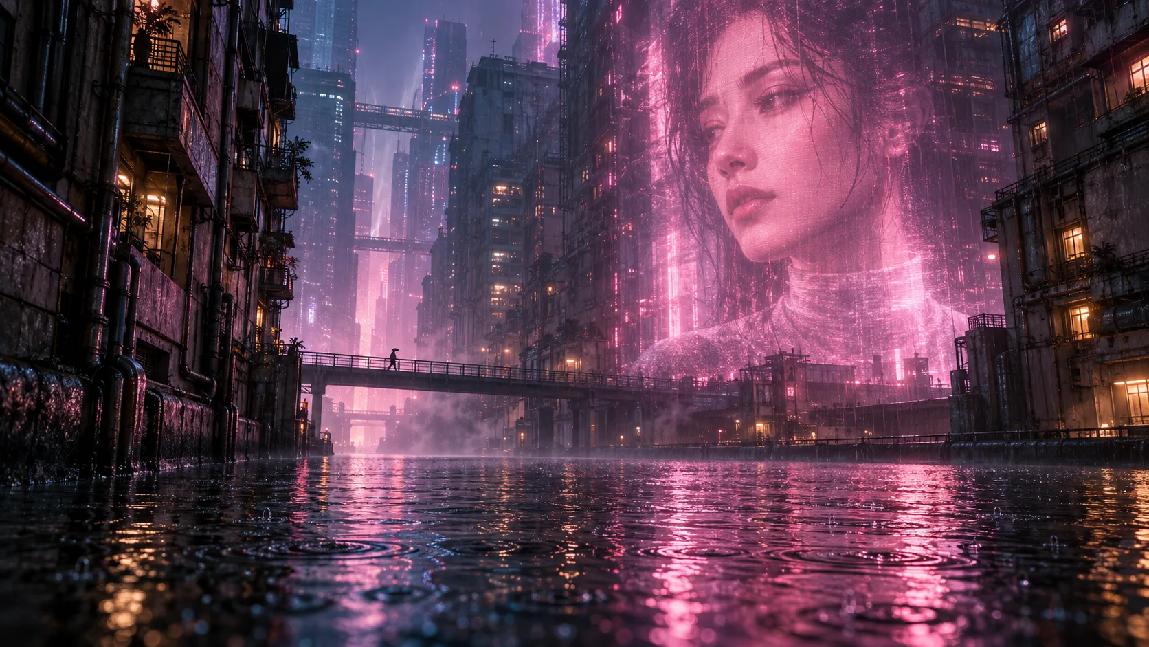 Neon City and Giant Holographic Face