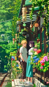 A Couple at a Flower-Lined Station