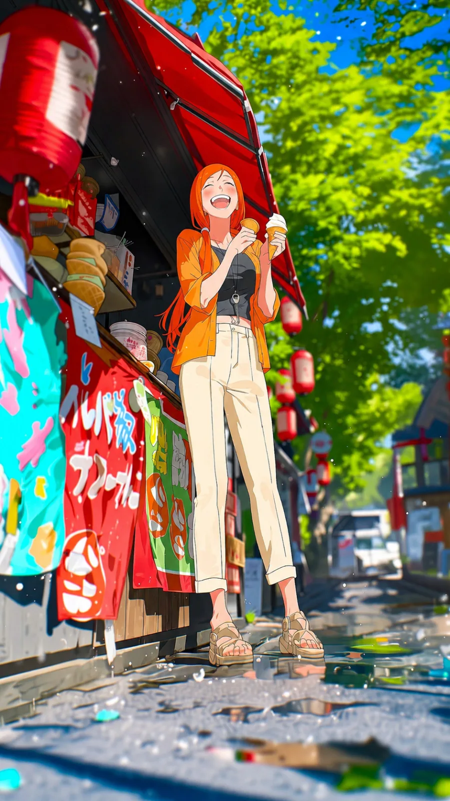 Girl Enjoying Ice Cream at a Street Stall