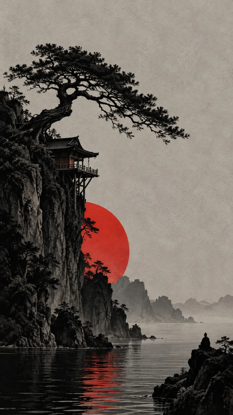 Cliffside Temple Beneath the Red Sun