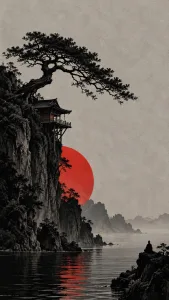 Cliffside Temple Beneath the Red Sun