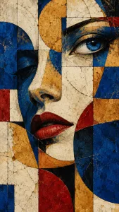 Cubist Portrait with Blue Eye and Red Lips