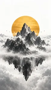 Floating Mountain Beneath a Golden Sun