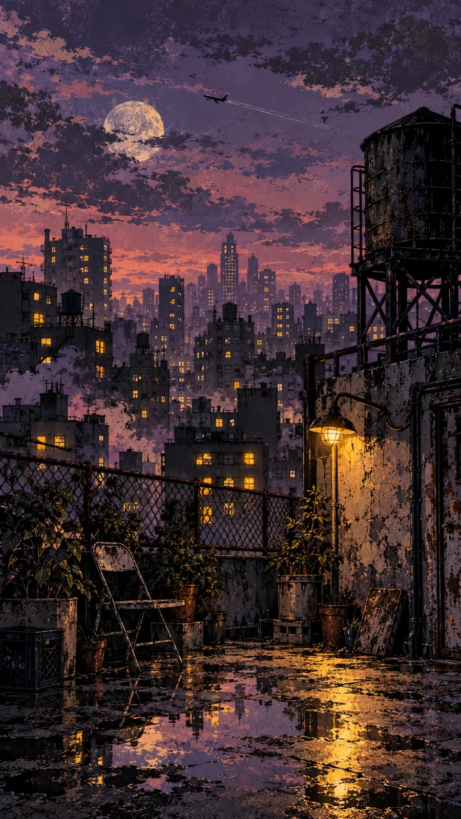Rain-Soaked Rooftop Under a Full Moon