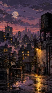 Rain-Soaked Rooftop Under a Full Moon