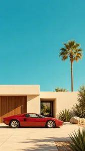 Red Sports Car at a Desert Modern Home