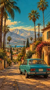 Palm-Lined Street With a Vintage Turquoise Car