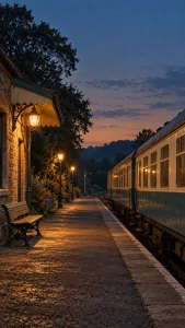 Lamplit Train Station at Dusk