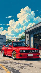 Red BMW M3 in an Industrial Lot