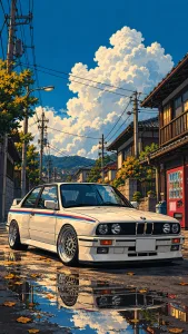 White BMW E30 Beneath Towering Clouds