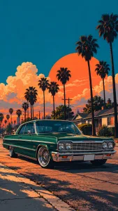 Green Classic Car Beneath a Sunset