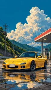 Yellow Mazda RX-7 at a Mountain Gas Station