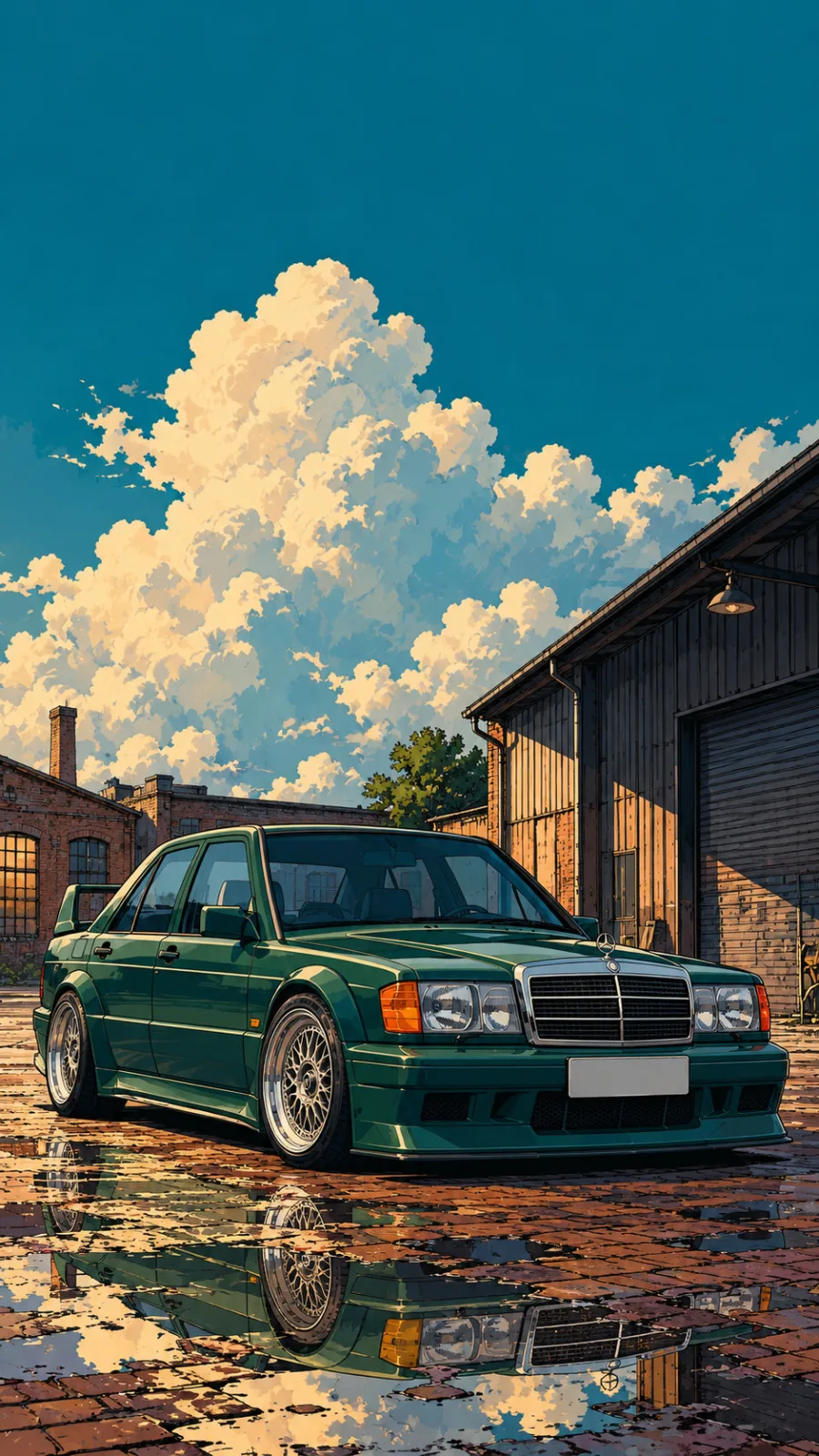 Green Mercedes Sedan at Sunset