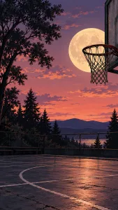 Moonlit Basketball Court at Sunset
