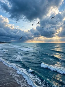 Seagulls Over a Stormy Sunset Shore