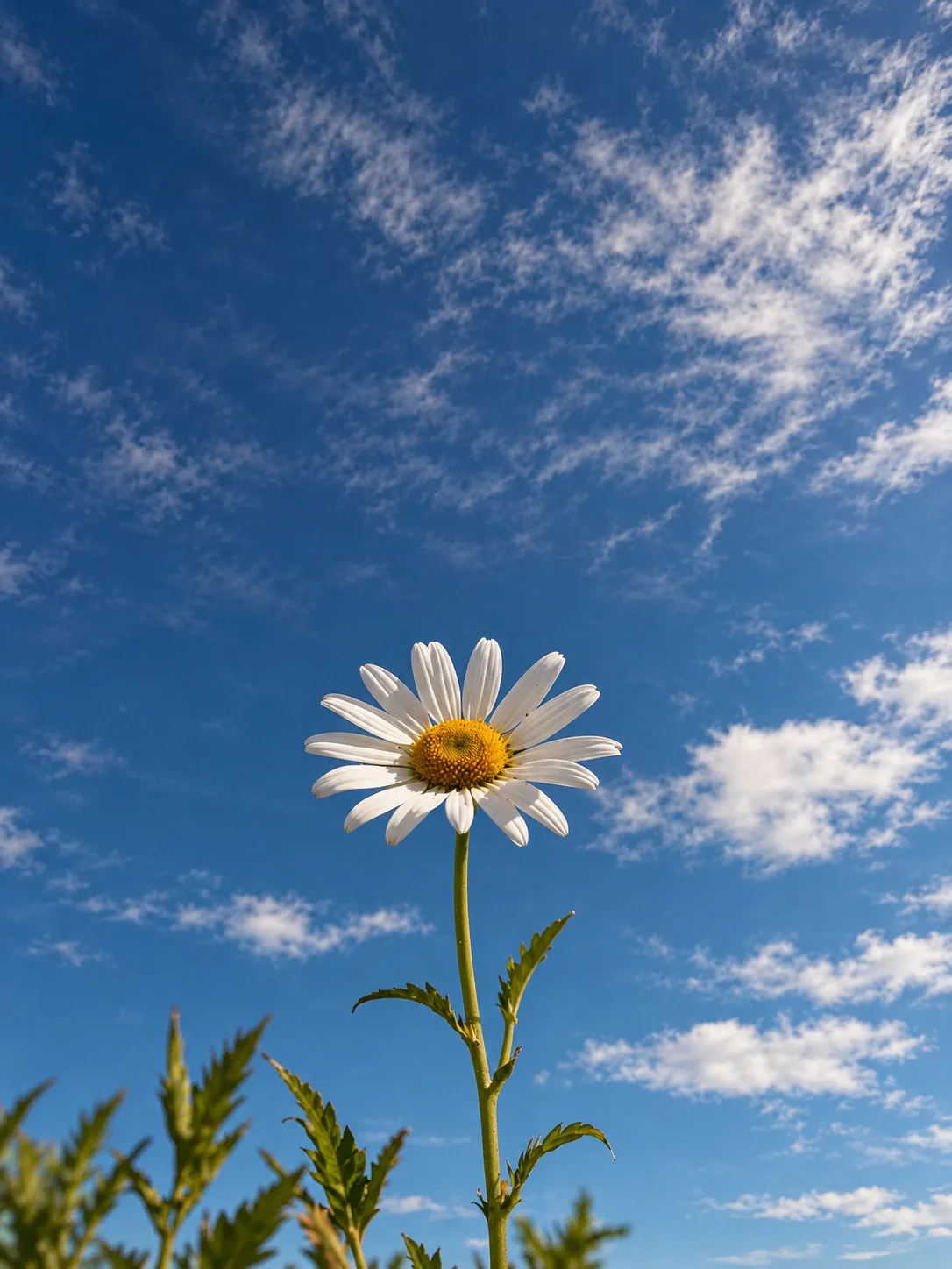 Daisy Beneath a Cloudy Blue Sky