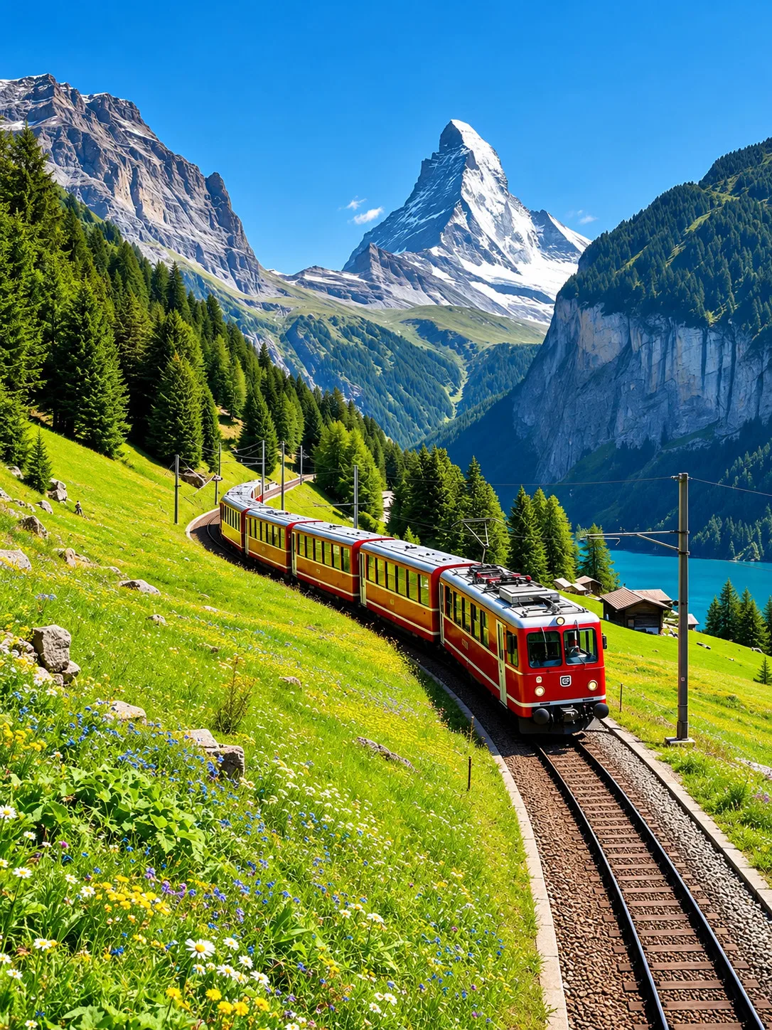Red Train Beneath the Matterhorn