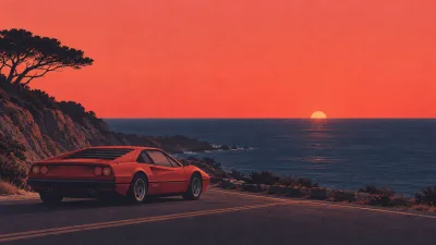 Red Sports Car at Coastal Sunset