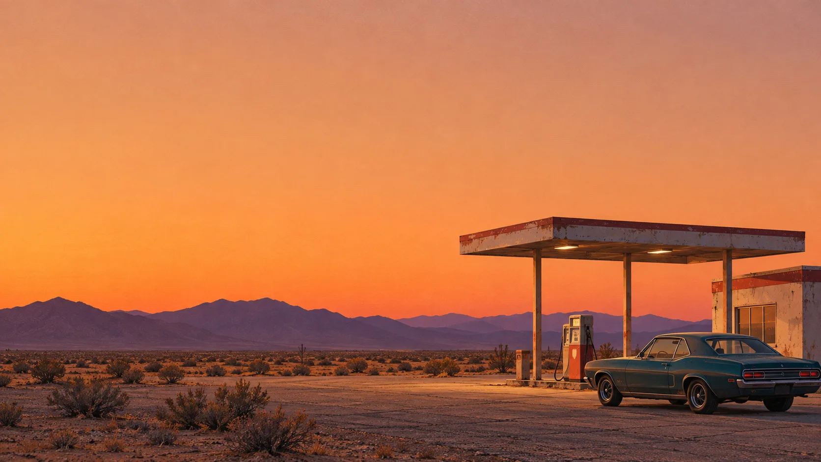 Desert Gas Station at Sunset