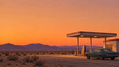 Desert Gas Station at Sunset