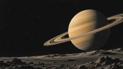 Saturn Over a Rocky Moon