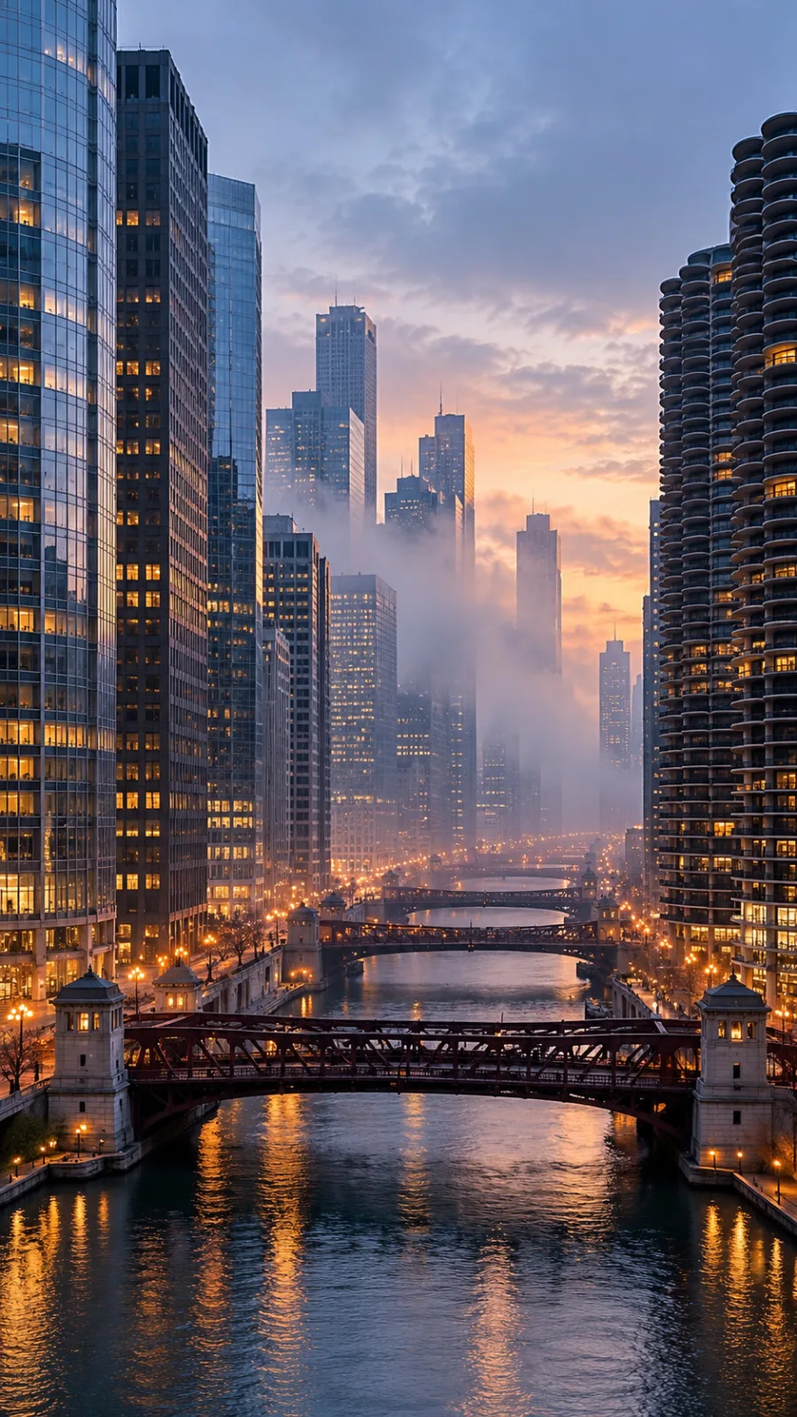 Misty Chicago River at Dawn