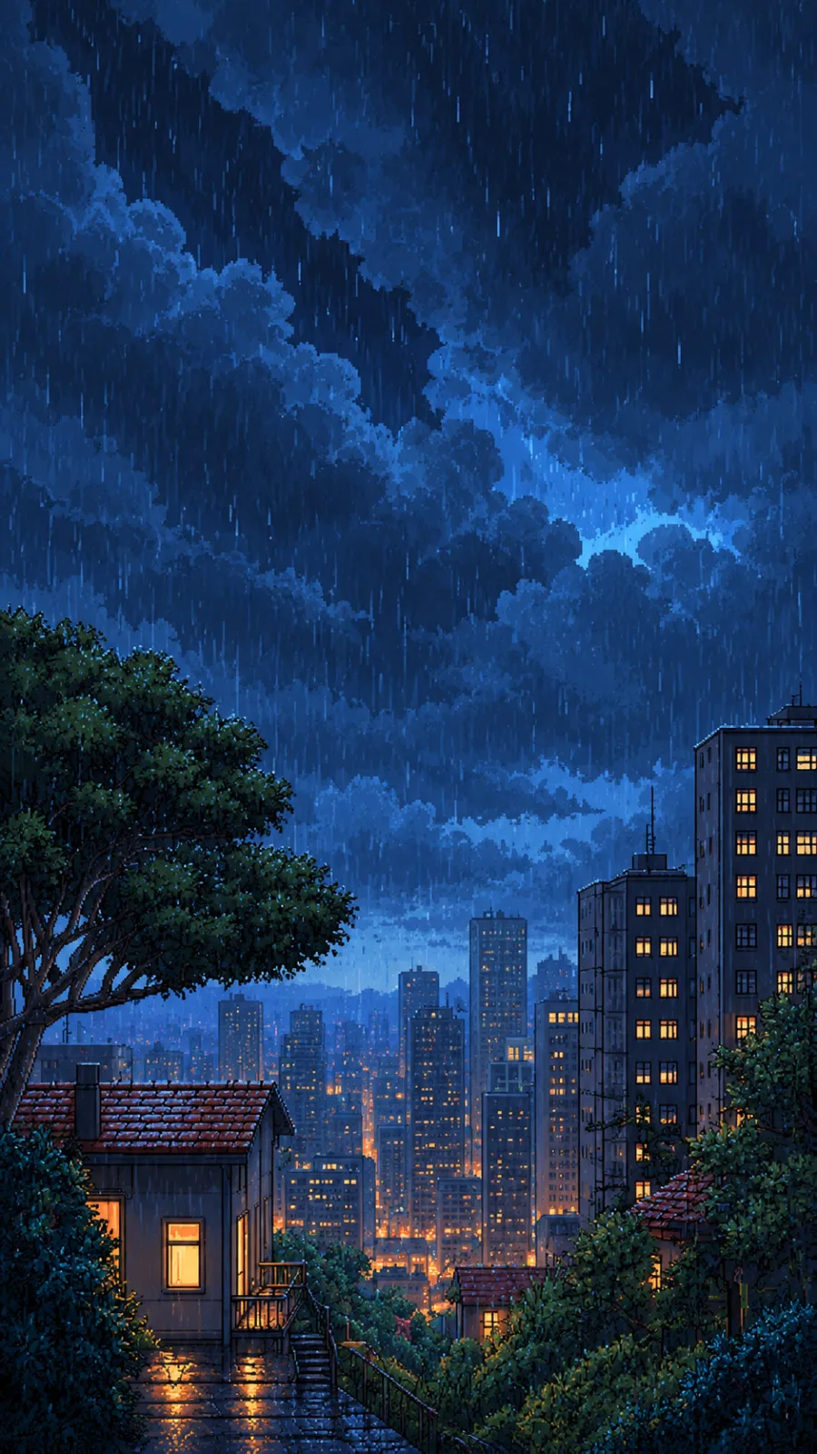 Rainy Blue-Hour Hillside Cityscape