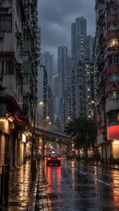Red Taxi Beneath Hong Kong Towers