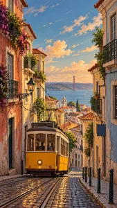 Yellow Tram Climbing Lisbon’s Cobblestone Streets