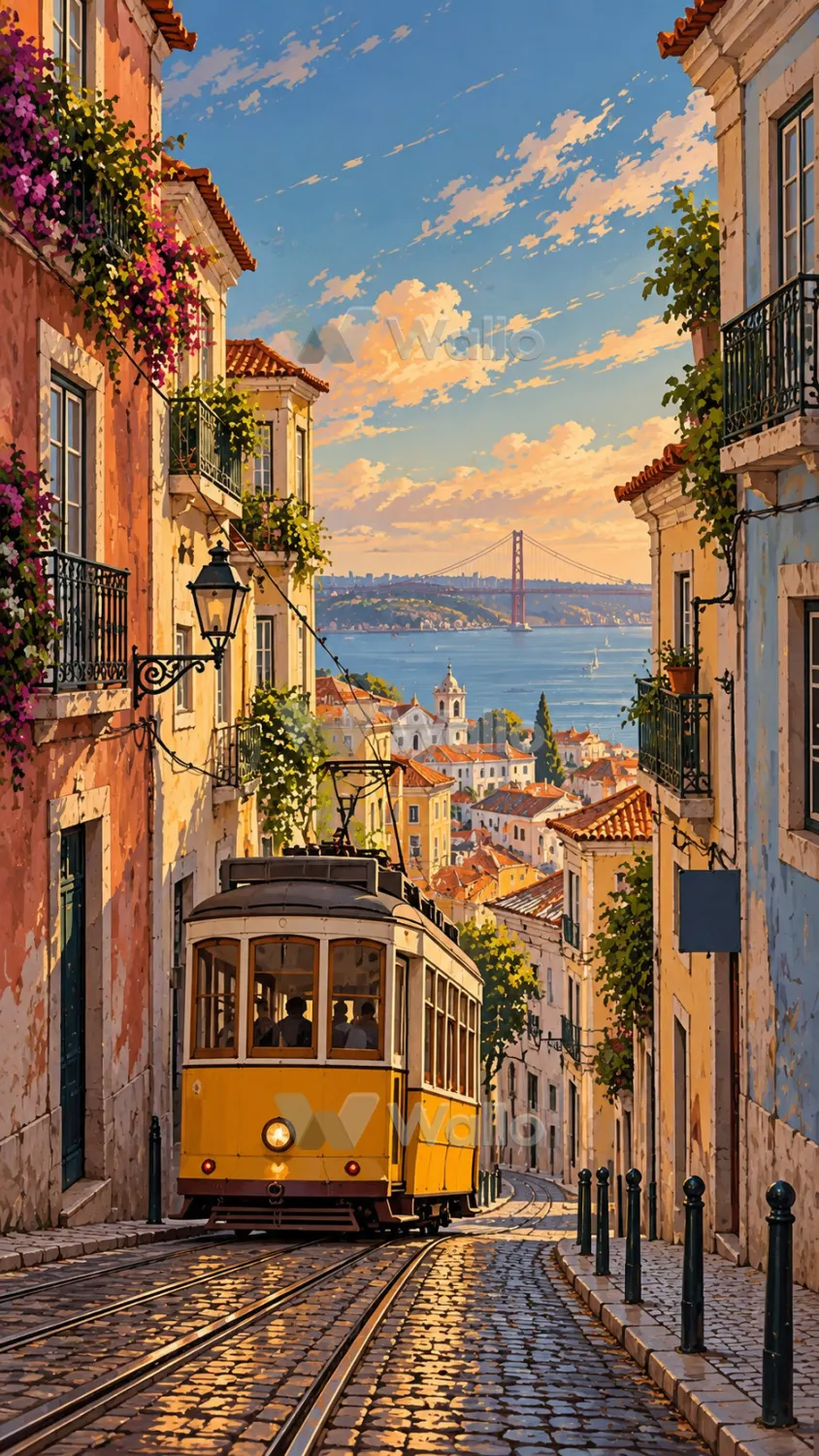 Yellow Tram Climbing Lisbon’s Cobblestone Streets