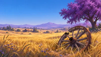 Broken Wagon Wheel in Golden Wheat