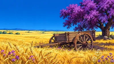 Rustic Cart Beneath a Purple Tree