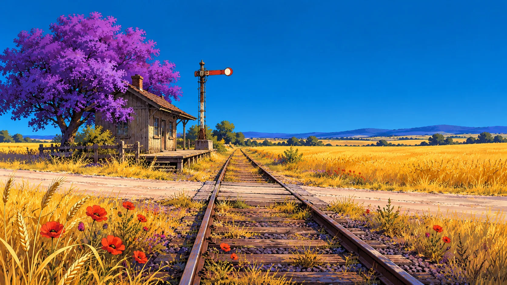 Quiet Railway Crossing in Golden Fields