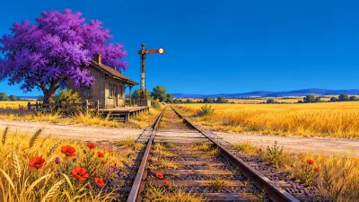 Quiet Railway Crossing in Golden Fields
