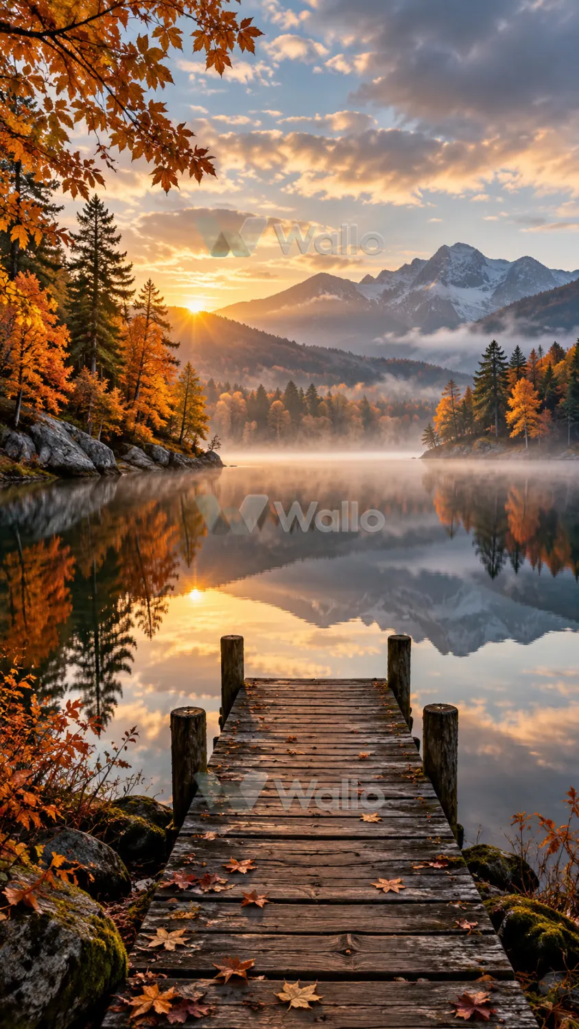 Golden Autumn Jetty in Morning Mist