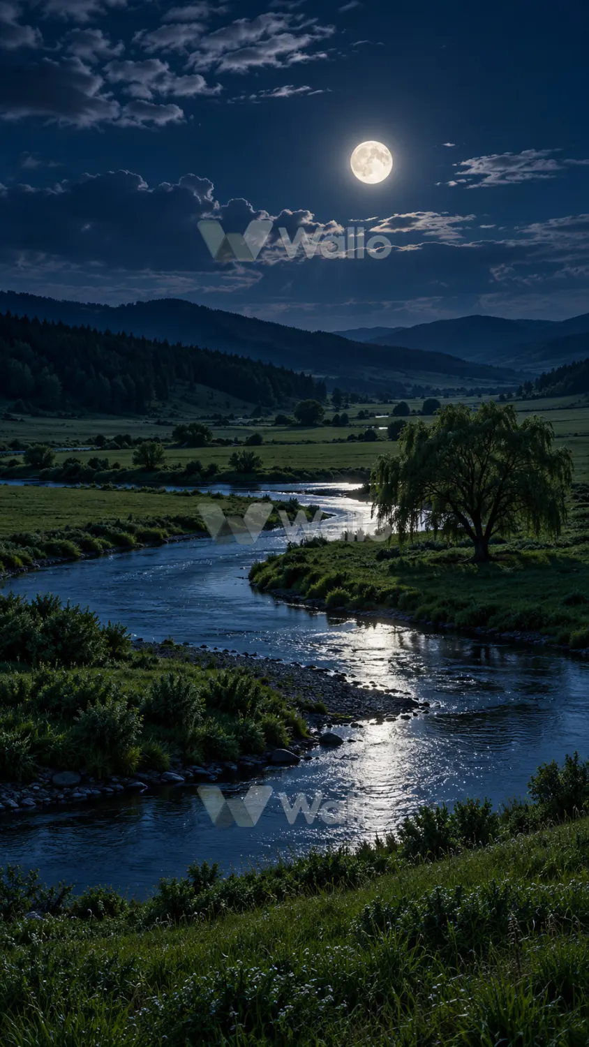 Moonlit Willow Along a Winding River