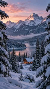 Tiny Cabin Beneath Snowy Pines
