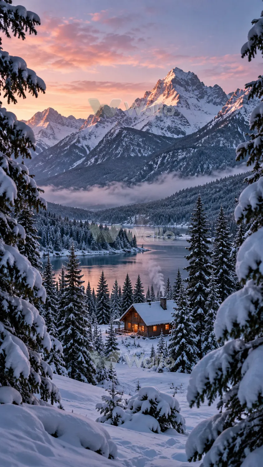 Tiny Cabin Beneath Snowy Pines