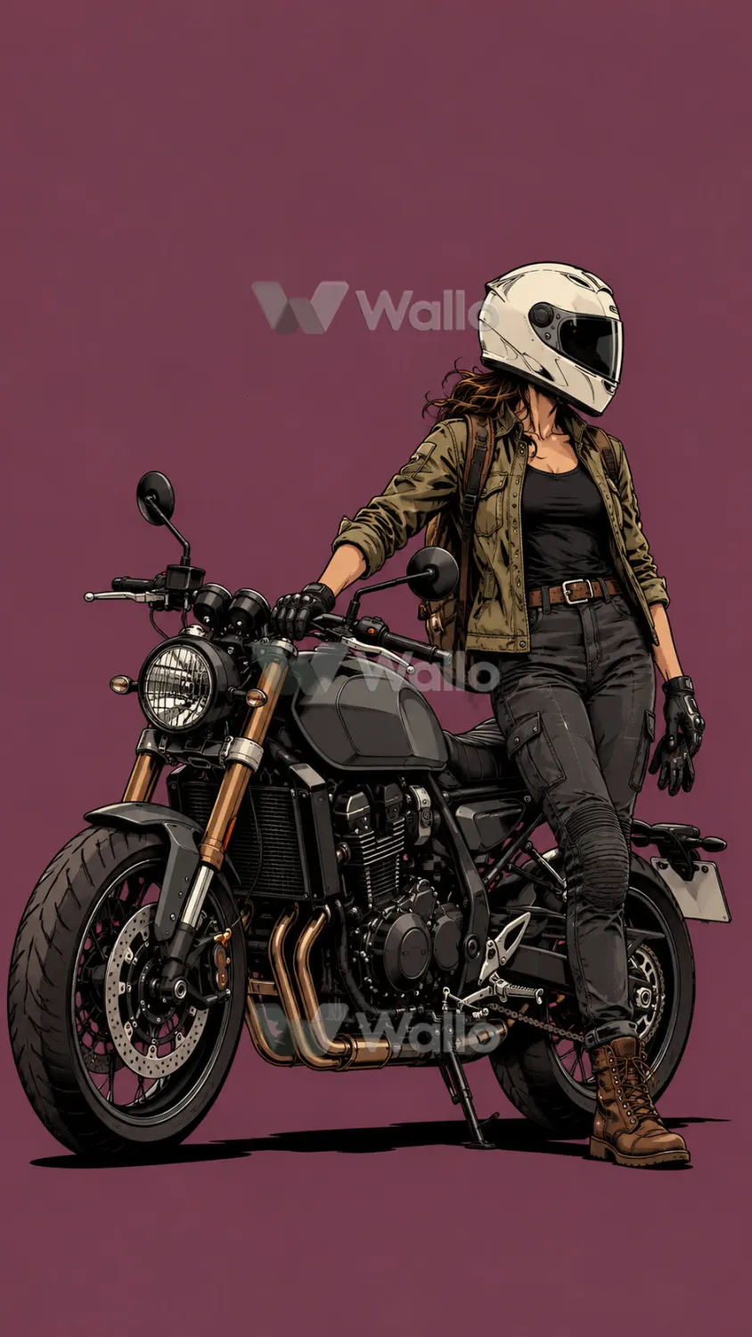 Helmeted Woman and Charcoal Motorcycle