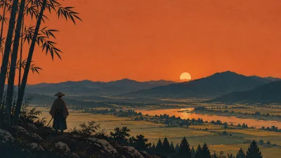 Ronin Beneath Bamboo at Sunset