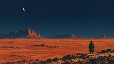 Lone Ronin Beneath the Crescent Moon